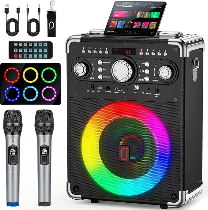 Karaoke Machine with 2 Wireless Microphones for Adults, Portable Bluetooth Party Speaker with Echo Adjustment, Singing Machine Support TWS/USB/TF Card/Guitar/TV Connected for Outdoor/Events etc