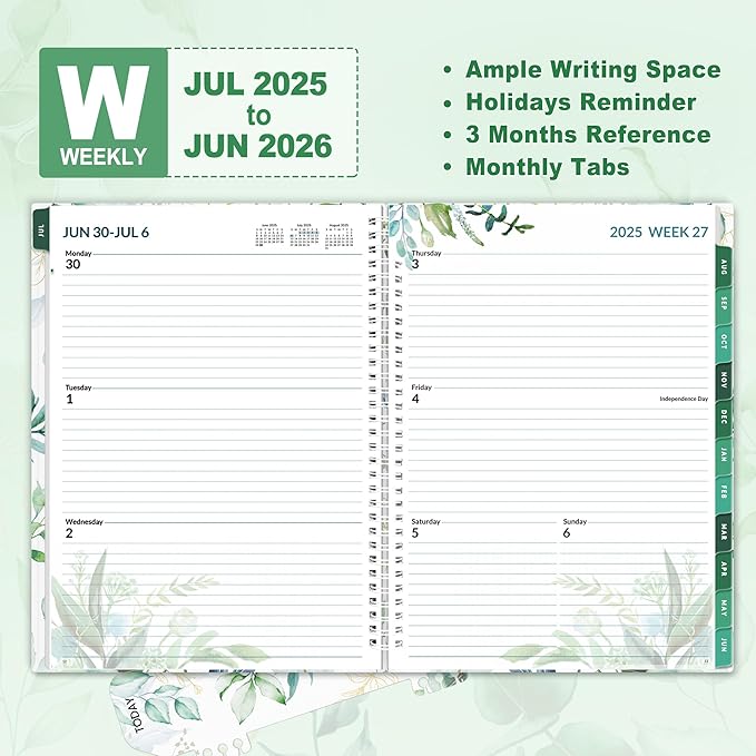 SUNEE Academic Planner 2025-2026 Weekly and Monthly, July 2025-June 2026, 8.5"x11", Tabs, Note Pages, Pockets, Bookmark, Flexible Cover, Spiral Binding, Greenery