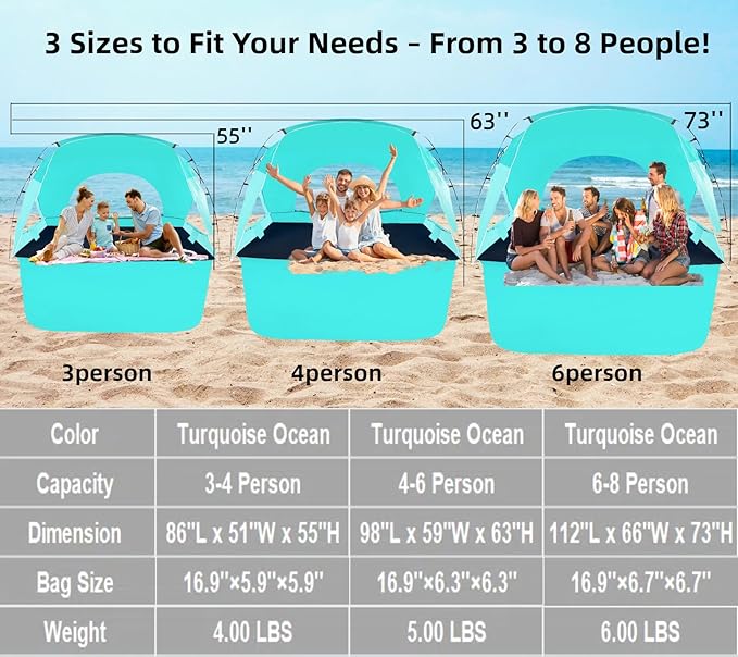 Beach Tent, Portable Sun Shelter for 2/3/4/6-8 Person with UPF 50+ UV Protection, Easy Setup Waterproof Beach Shade Canopy Cabana for Family Outdoor and Picnics, Fishing with Carrying Bag