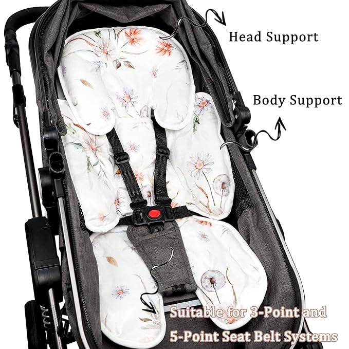 2 in 1 Infant Car Seat Insert, Car Seat Head Support Baby Girls Boys, Soft Newborn Carseat Insert Cushion, Perfect for Carseats, Strollers, Swings (White Flower)