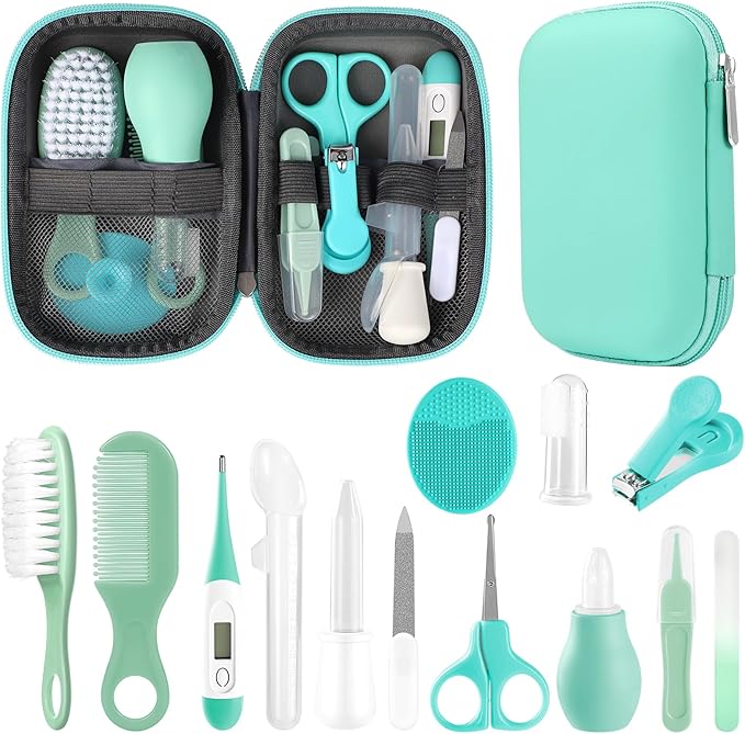 Baby Grooming Kit, Infant Safety Care Set with Hair Brush Comb Nail Clipper Nasal Aspirator,Baby Essentials Kit for Newborn Girls Boys (Green)