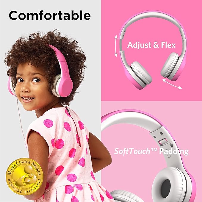 LilGadgets Connect+ Girls Headphones for School Wired with Microphone, Volume Limiting for Safe Listening, Adjustable Headband, Cushioned Earpads for Comfort, Kids Headphones for School, Pink