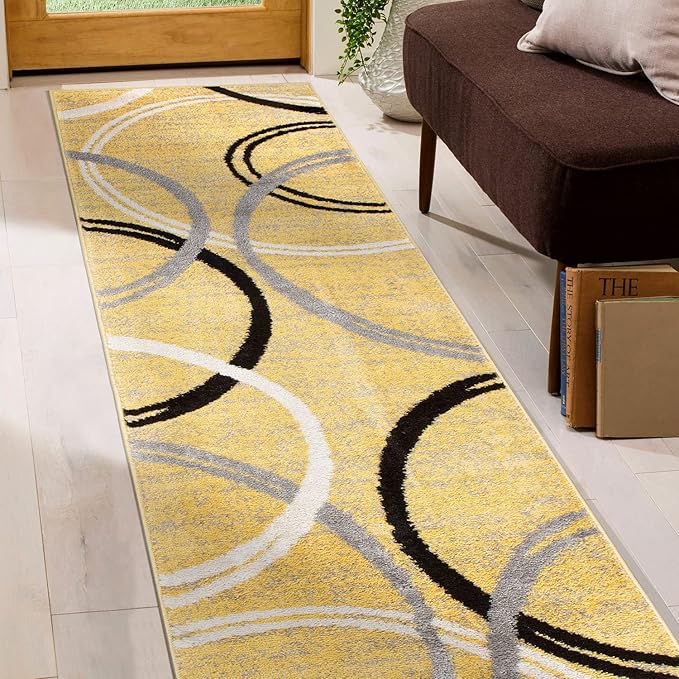 Rugshop Modern Wavy Circles Design Runner Rug 2' x 10' Yellow
