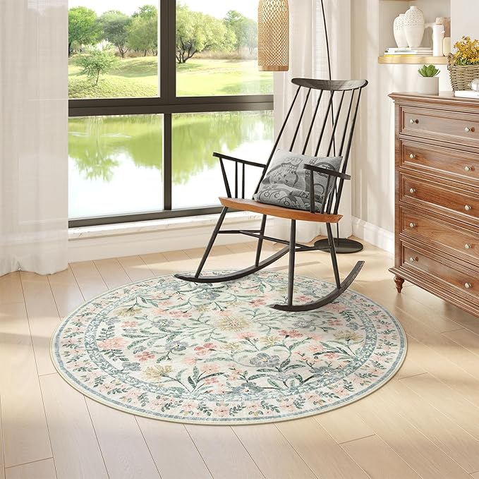 Wonnitar Round Washable Rug, Soft Floral Round Rugs 5ft Circle Carpets for Bedroom Ultra-Thin, Boho Beige Print Distressed Circular Carpet for Living Room Dorm Bedside