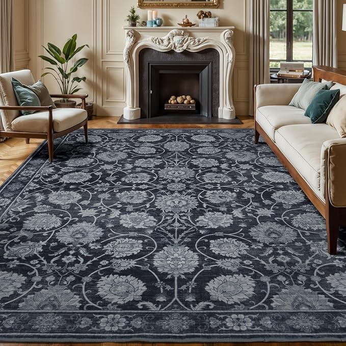 Black 8x10 Area Rugs for Living Room, Washable Large Bedroom Rug, Soft Non Slip Floral Carpet, Stain Resistant Low Pile Carpets for Indoor Under Table Dining Home Office Nursery, Black