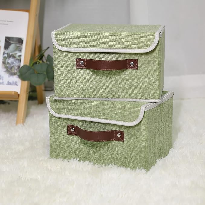 ANMINY 2PCS Storage Bins with Lid PU Leather Handles Storage Boxes PP Plastic Board Decorative Foldable Lidded Cotton Linen Fabric Home Cubes Baskets Closet Organizer Containers - Green, Small Size