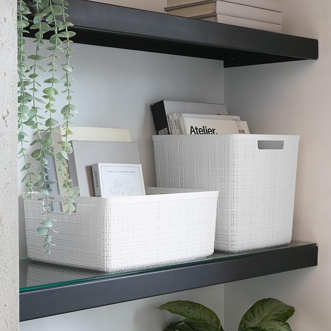 Curver Jute Decorative Plastic Organization and Storage Basket Perfect Bins for Home Office, Closet Shelves, Kitchen Pantry and All Bedroom Essentials, White, Large Cube, Set of 4