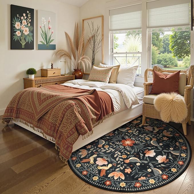 Moynesa Washable Round Rug 6ft, Ultra Thin Circle Living Room Area Rug Non Slip, Low Pile Soft Indoor Boho Bird 6'x6' Black Large Throw Carpet for Dining Room Under Table Office Bedroom