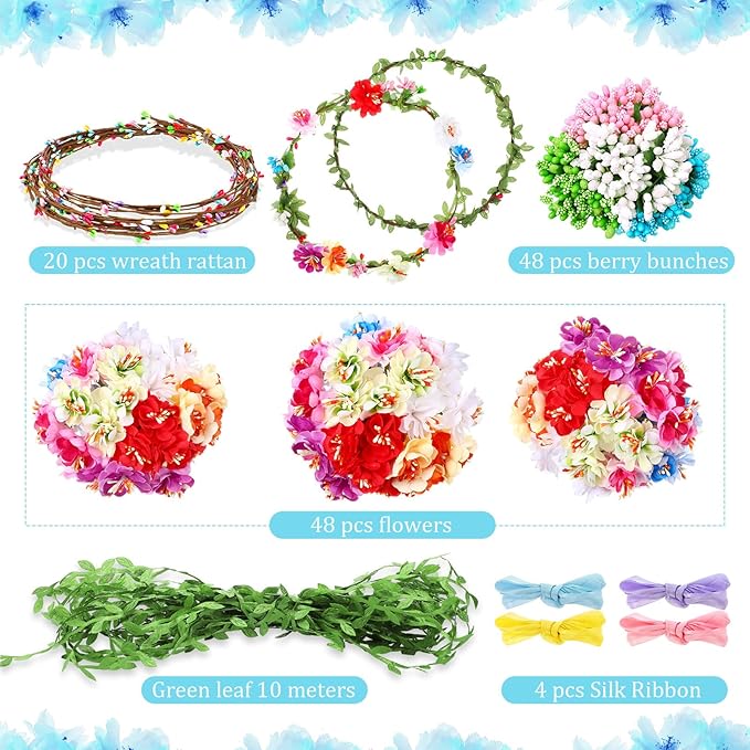 Syhood Mini Plum Blossom Crowns Making Kit, 120 Pcs Parts, Make Your Own Flower Wreath Headbands and Bracelets Craft Kit Hair Accessories Handmade DIY Floral Crown Garland Presents