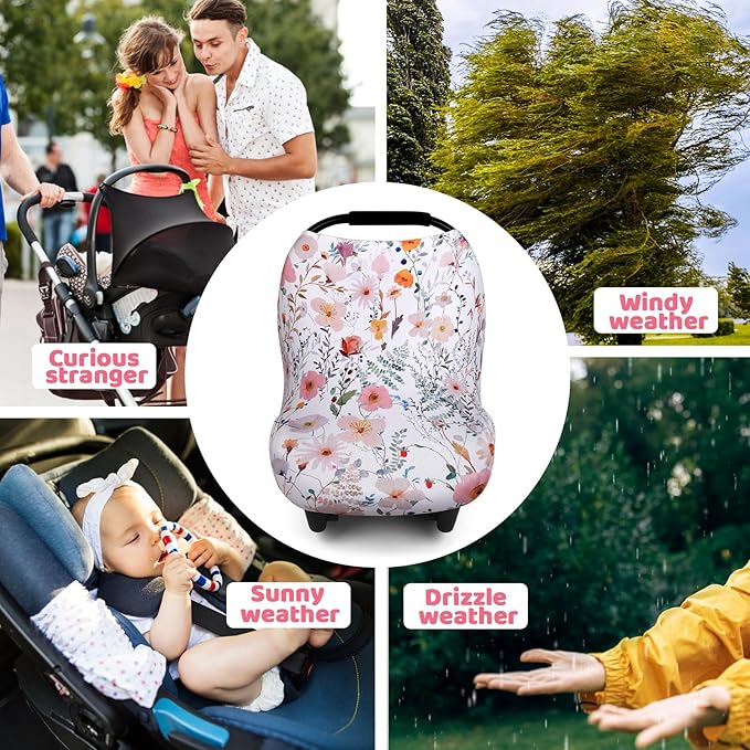 Rquite All-in-1 Car Seat Cover Baby, Carseat Covers for Girl Boy, Stretchy Soft Infant Car Seat Cover, Multi-use Baby Carrier Cover, Car Seat Canopy, Stroller Sun Shade, Nursing Breastfeeding Cover