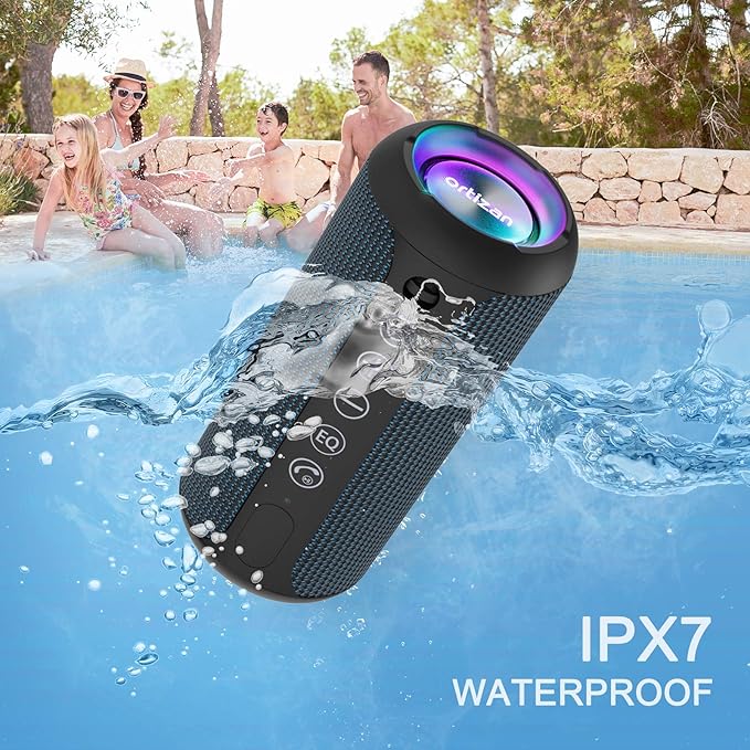 Ortizan Portable Bluetooth Speakers, IPX7 Waterproof Wireless Speaker with 24W Loud Stereo Sound, Outdoor Speaker with Bluetooth 5.3, Deep Bass, RGB Lights, Dual Pairing, 30H Playtime for Home, Party