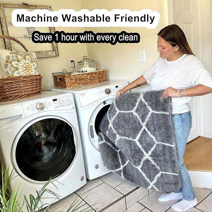 ONASAR 8x10 Area Rugs for Living Room, Fluffy Grey and White Bedroom Rug, Washable Geometric Boho Large Soft Plush Shaggy Fuzzy Floor Carpet for Nursery Kids Classroom Playroom Dorm Home Decor