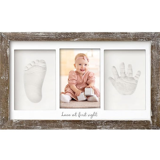 Baby Hand and Footprint Kit - Clay Handprint Keepsake Frame, Newborn Nursery Picture Frame, Personalized New Mom Gifts for Baby Shower & Registry (Barnwood)