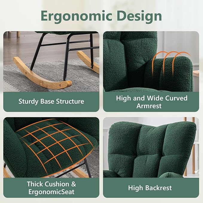 NIOIIKIT Nursery Rocking Chair Teddy Fabric Upholstered Glider Rocker Rocking Accent Chair Padded Seat with High Backrest Armchair Comfy Side Chair for Living Room Bedroom(Green Teddy)