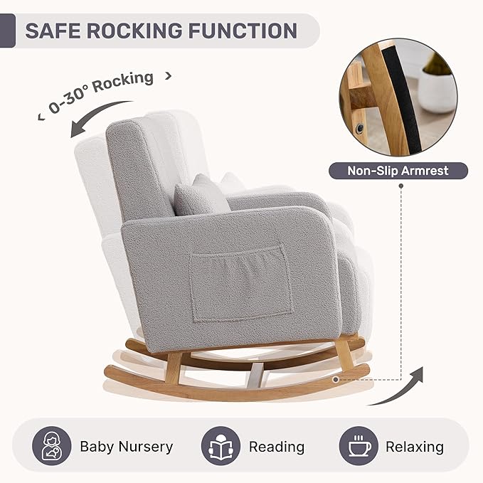 Rocking Chair with Ottoman, Upholstered Nursing Glider Rocker with High Backrest and Side Pocket, Comfy Reading Chair with Solid Wood Legs for Nursery/Living Room/Bedroom Light Grey