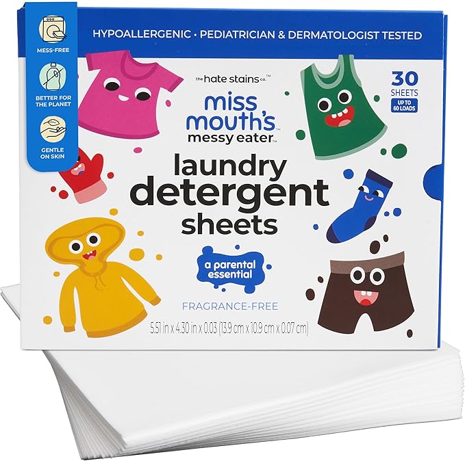 Miss Mouth's Messy Eater Laundry Detergent Sheets - Laundry Detergent, Hypoallergenic, Sensitive Skin Safe, Pediatrician and Dermatologist Tested, Fragrance Free, Travel Friendly, 60 loads