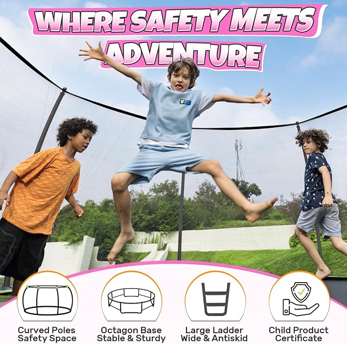 BCAN 8FT 10FT 12FT 14FT 15FT 16FT Recreational Trampoline with Enclosure for Kids Adults, ASTM Approved, Outdoor Trampolines with Ladder for Kids