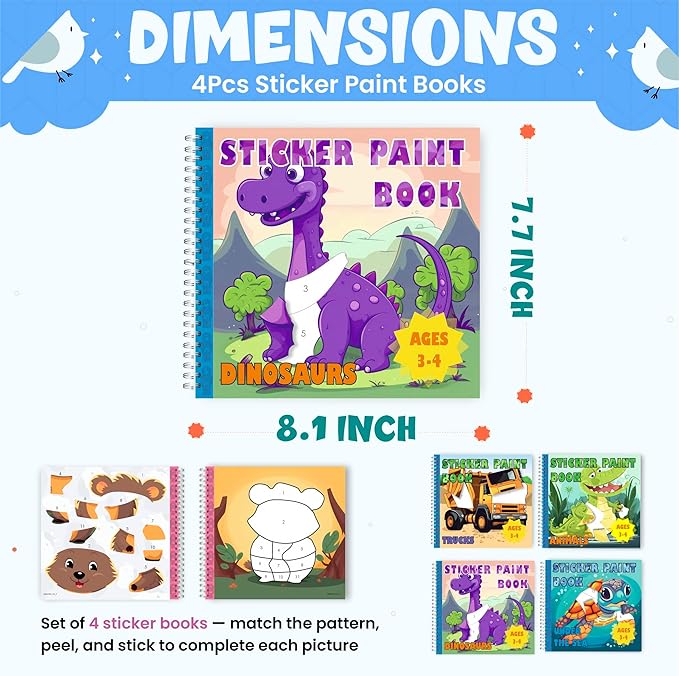 BulbaCraft 4Pcs Sticker Paint Books for Boys - Sticker Books by Number with Dinosaurs, Trucks, Animals and Under The Sea - Coloring Activity for Kids