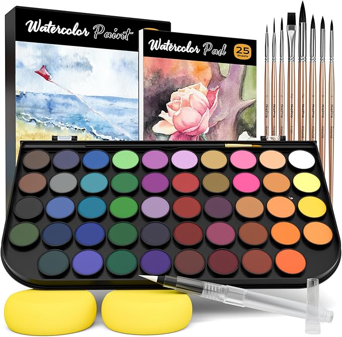 Nicpro Watercolor Paint Set, 48 Water Colors Kit with 8 Painting Brushes, Palette, Watercolor Pen, 25 Art Pad Paper, 2 Art Sponges, Non-toxic Painting Supplies for Kids, Adults, Beginners, Artists