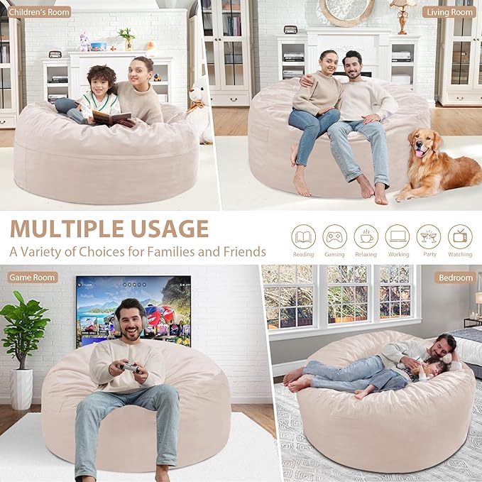 4FT Bean Bag Chair, Large Bean Bag Chairs with Memory Foam Filled, Fluffy Beanbag Sofa with Dutch Velvet Cover, Round BeanBag Chairs for Living Room, Playroom - Beige