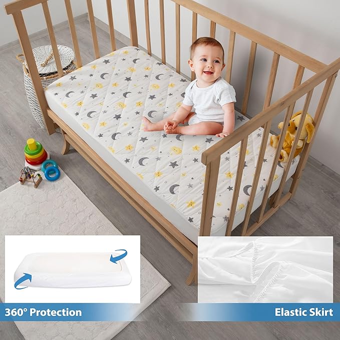 Waterproof Crib Mattress Protector Sheets,%100 Cotton Fabric, Absorbent Crib/Toddler Mattress Protector, Quilted, Certified, Noiseless Machine Wash, Moon&Star Pattern 52"x28" (Small Single, 2, Pack)