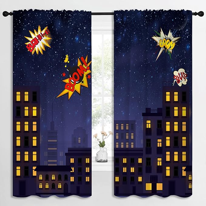 Super Hero Rod Pocket Blackout Curtains for Boy Girl Bedroom, Exploding City Starry Cartoon Skyline Home Energy Efficient Light Filtering Window Curtain for Living Room, 84x63 inch