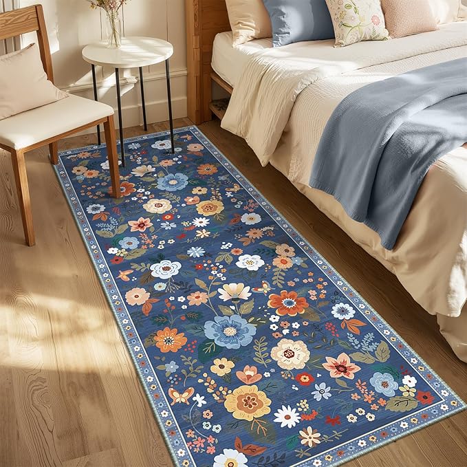 Floral 2x10 Area Rug Machine Washable Soft Print Boho Carpet Non Slip Doormat Low Pile Flower Area Rugs for Living Room Bedroom Nursery Kitchen Dining Room Indoor-Blue/Grey
