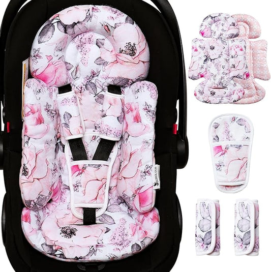 Infant Car Seat Insert, Enlarged Head Support for Baby Carseat, Reversible Newborn Insert with 3 Strap Covers, 2-in-1 Baby Car Seat Cushion for Stroller, Swing, Bouncer, Rocker - Pink Floral