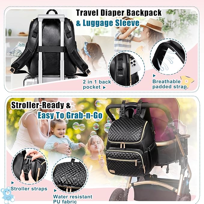 Weitars Diaper Bag Backpack Leather Baby Diaper Bag with Changing Pad Travel Diaper Backpack,Baby Bag for Mom,Stroller Straps,5 Insulated Pockets (Black Leather)