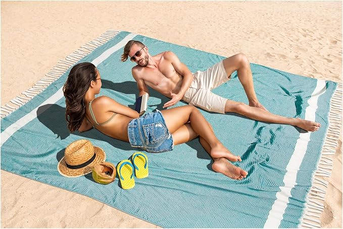 Oversized Turkish Beach Towel Blanket XXL Cotton Sandproof Towels Boho Woven Extra Large Big Sand Free Giant Throw Thick Blankets Huge Quilt XL Picnic Camping Necessities Cloud For Adult Gifts Teal