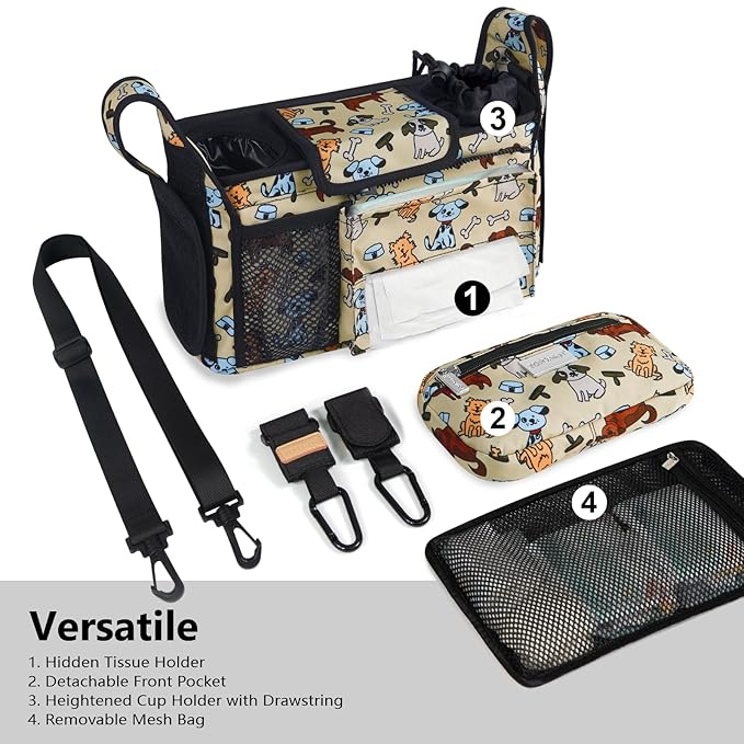 TOPDesign Universal Baby Stroller Organizer, Stroller Caddy with Detachable Mesh Bag & Heightened Insulated Cup Holders & Non-Slip Secure Hooks Accessories, Fits Most Strollers (Dogs)