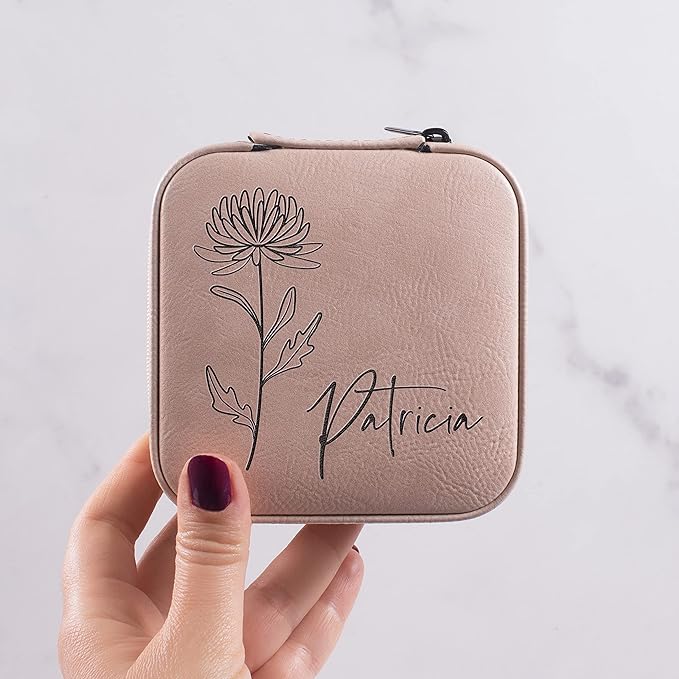 Custom Leather Jewelry Box w/Name & Birth Flower Month - Birthday Gifts for Women, Personalized Jewelry Travel Case - Customized Jewelry Organizer Box, Mom Birthday Gifts - White