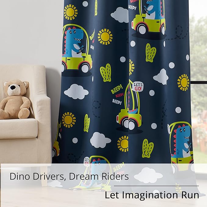 Kids Dinosaur Blackout Curtains - 2 Panels, Each W52*L63 with 100% Blackout, Thermal Insulated, and Noise Reducing, Perfect for Kids Room, Bedroom, Nursery