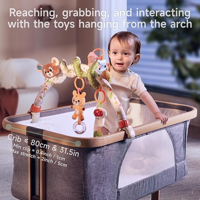 TUMAMA Baby Activity Arch with Bear Spiral Toy, Clips Adjustable and Detachable Sensory Stimulating Hanging Toys Baby Toys 0-3 3-6 Months, Newborn Strollers Bassinets Crib Carseat Toy