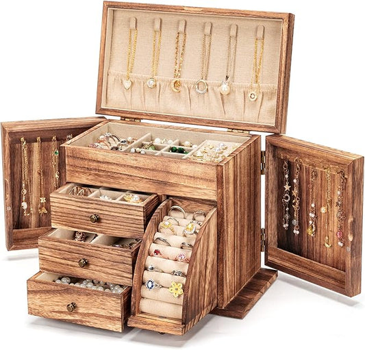 Jewelry Box Organizer, Solid Wood Jewelry Boxes for Women for Storage & Display Necklace Ring Earring Bracelet, Rustic Style Jewelry Organizer Box for Women Gifts (Carbonized Brown)