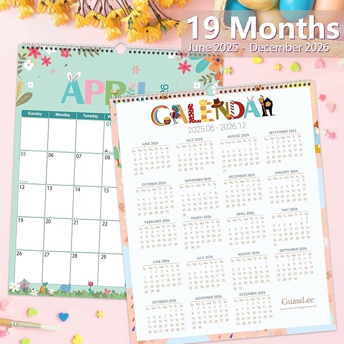 GuassLee Wall Calendar 2025-2026, Vertical Wall Calendar 2025, Jun. 2025 to Dec. 2026, 14" X 11" 19-Month Paper Hanging Planner Wall with Thick Paper for Office Home Planning & Organizing