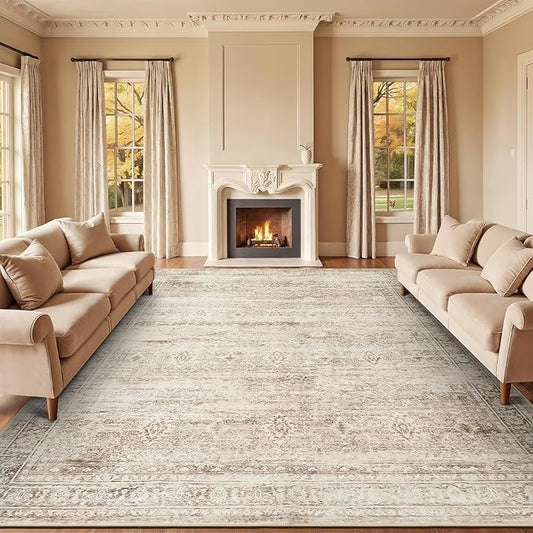 Lofus 9x12 Area Rug for Living Room,Beige Washable Large Rugs with Non-Slip Backing,Soft Neutral Carpets for Bedroom Dining Room Home Office Indoor Nursery