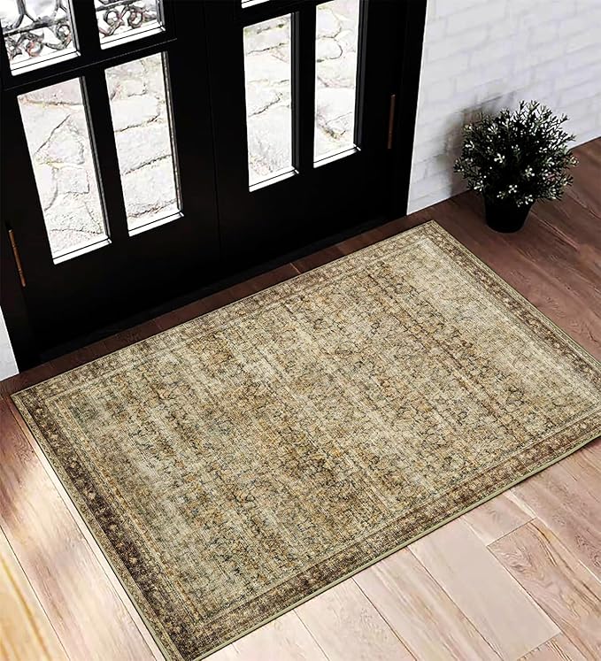 Area Rug 2x3 Washable Rug Door Mat Vintage Distressed Taupe Doormat Indoor Entrance Traditional Thin Floral Print Non Slip Carpet for Kitchen Bathroom Bedroom Living Room