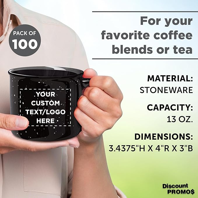 DISCOUNT PROMOS Custom Ceramic Campfire Coffee Mugs 13 oz. Set of 100, Personalized Bulk Pack - Perfect for Tea, Espresso, Cappuccino, Hot Cocoa - Black