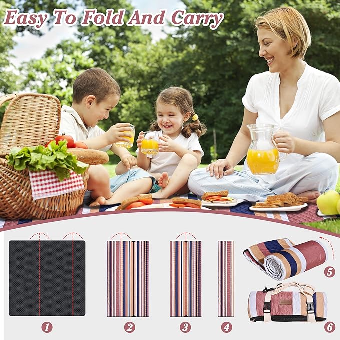Waterproof Picnic Blanket 80" x 60" in Portable with Carry Strap for Beach Mat or Family Outdoor Camping Party, Park Blanket for Grass Park, Hiking, Travel, Concerts (Brown&Orange, 80" x 60")