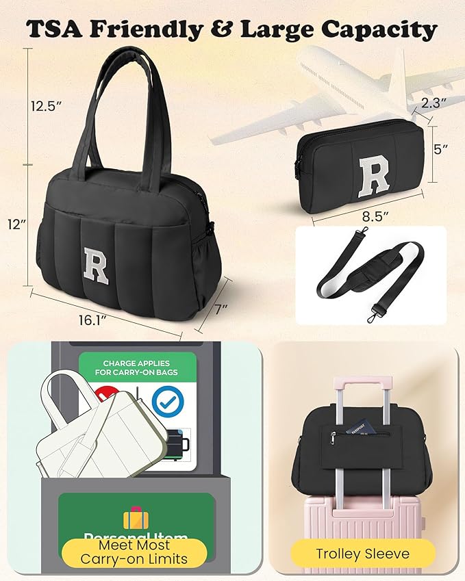 Women Duffle Bag with Initial, 20s Women Gift-Personal Item Travel Bags，Gym Bag with Wet Pocket，Lightweight Travel Bags Personalized Tote with Makeup Pouch