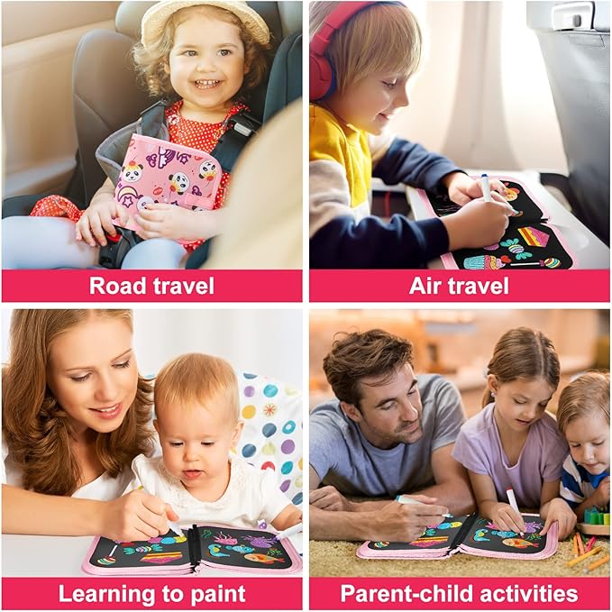 Erasable Book Doodle Set for Kids,Reusable Magic Drawing Book for Kids with 12 Watercolor Pens 14 Page Drawing,Road Trip Car Game Writing Painting Set for Boys and Girls (Panda)