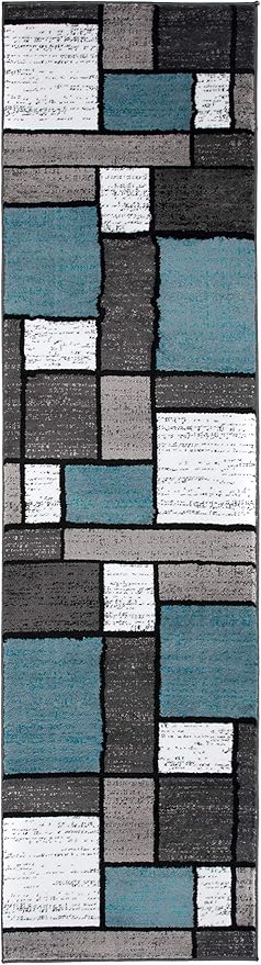 Rugshop Contemporary Modern Boxes for Home Office,Living Room,Bedroom,Kitchen Non Shedding Runner Rug 2'7" x 10' Blue