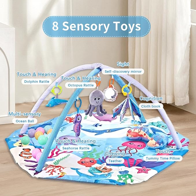 Baby Play Gym Mat,10-in-1 Tummy Time Mat,Sea World Baby Play Mat Activity Gym,Washable Foldable Baby Floor Play Mat for Infants and Toddlers from 0-6-12 Months Newborn Sensory Motor Skill Development