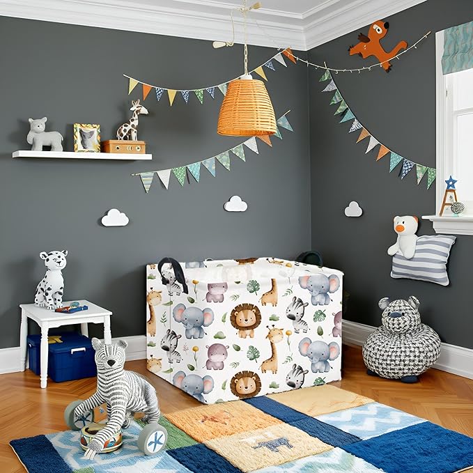 HIYAGON Rectangular Woodland Animal Basket Baby Storage Basket Storage Bin Organizer Box Animal Room Decor(Animal Basket)