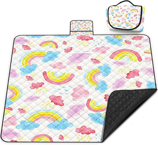 Extra Large Picnic Blanket Waterproof,80"x 80"Foldable Machine Washable Beach Blanket,Outdoor Blanket for 6-8 Adults,Picnic Mat Suitable for Indoor Crawling,Park Beach,Camping,Hiking,Travel (Rainbow)