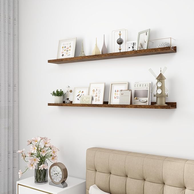 Picture Ledge Shelf, Wood Long Floating Shelves for Wall, Set of 2, 48 inch Picture Ledge Shelves, Photo Ledge Nursery Book Shelves Wall Mounted for Living Room Kids' Room Bedroom, Color Brown