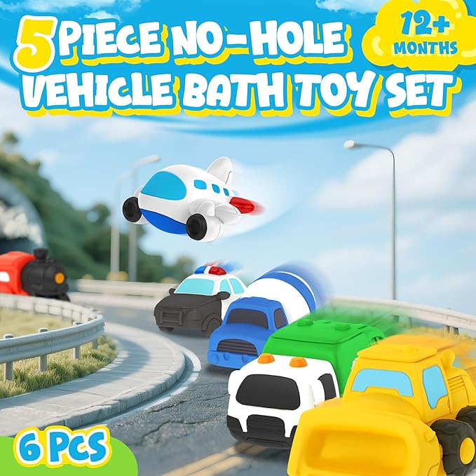 6 PCS Vehicle Floating Bath Toys Mold Free Infant Bath Tub Toys for 12 Months - No Hole Bathtub Toys for Toddlers 1-3 Water Pool Toys for Baby Toddler Ages 1+