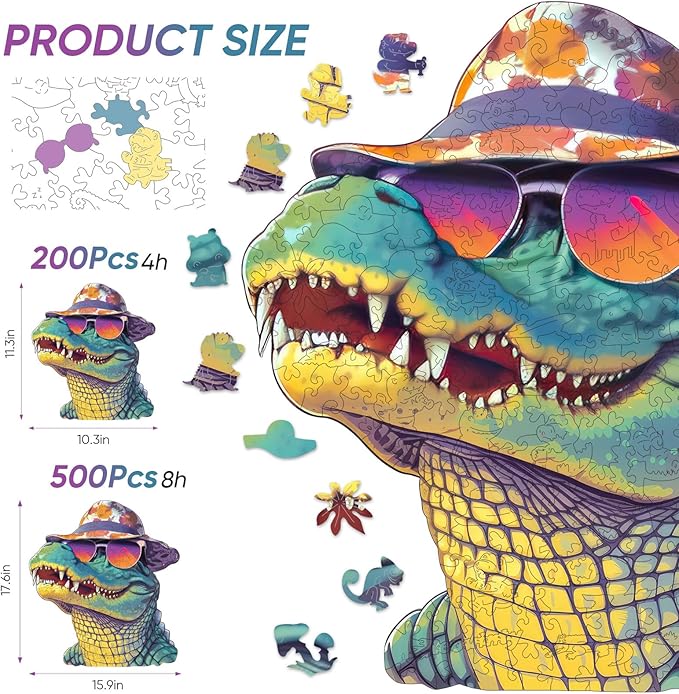 Wooden Puzzles for Adults, Glasses Crocodile Jigsaw Puzzles 200 Pieces Animal Unique Shaped Wood Cut Puzzle Gifts for Adults and Kids, Family Puzzle Games