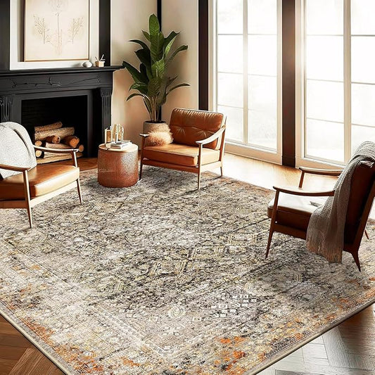 Area Rug 8'x10' Washable Vintage Traditional Mat Distressed Indoor Foldable Thin Retro Accent Floral Print Non Slip Carpet for Living Room Dining Room Office Large Carpet